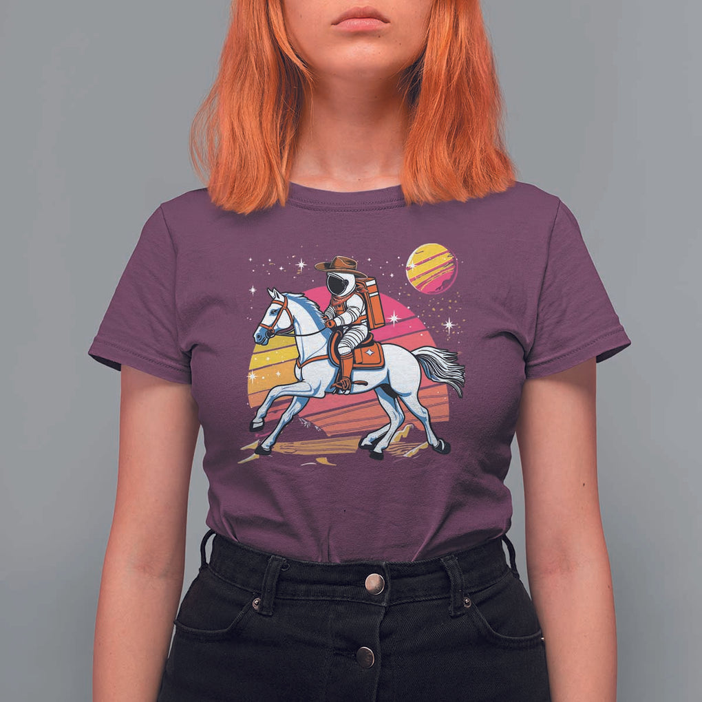 Astronaut Cowboy T Shirt For Women Spaceman Planets Space Galaxy Western Style TS11 Maroon Print Your Wear