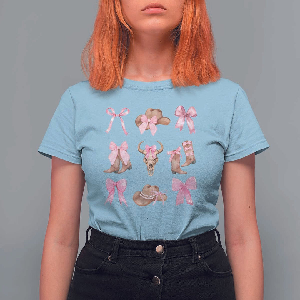 Cowgirl Coquette T Shirt For Women Pink Bow Cowboy Hat Boots Western Country TS11 Light Blue Print Your Wear