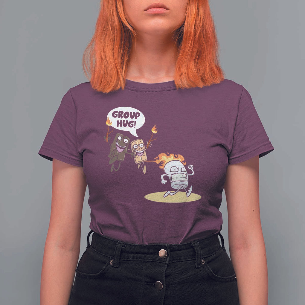 Funny Camping T Shirt For Women Group Hug S'more Roasting Outdoor TS11 Maroon Print Your Wear