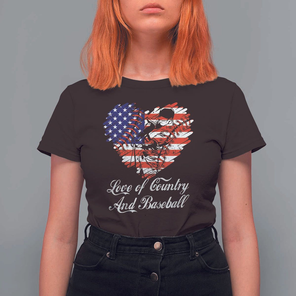 Baseball T Shirt For Women Love Of Country And Base Ball Vintage Heart USA Flag TS11 Dark Chocolate Print Your Wear