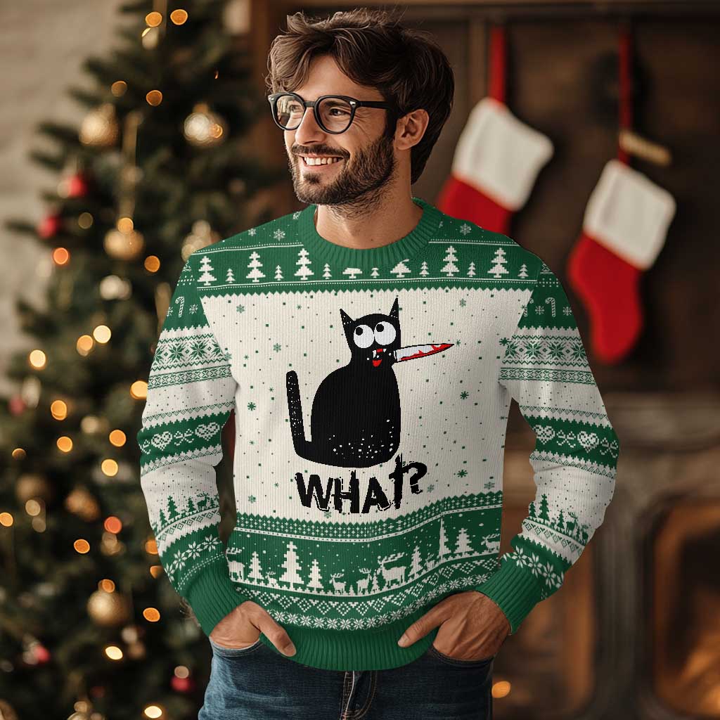 Funny Black Cat Ugly Christmas Sweater What Kitten Murderous TS11 Beige Green Print Your Wear