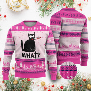 Funny Black Cat Ugly Christmas Sweater What Kitten Murderous TS11 Hot Pink Print Your Wear
