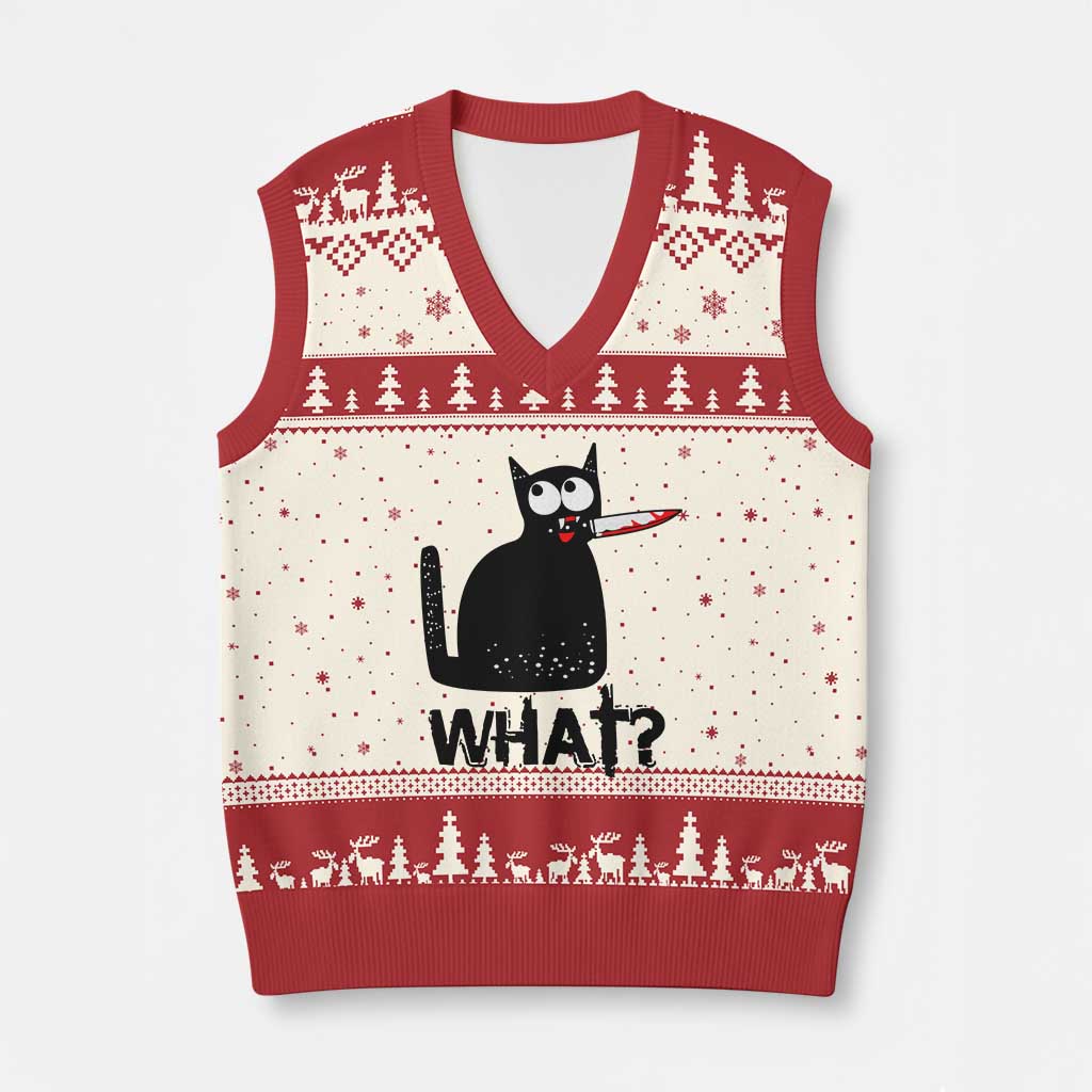Funny Black Cat V-Neck Knit Sweater Vest What Kitten Murderous TS11 Beige Red Print Your Wear