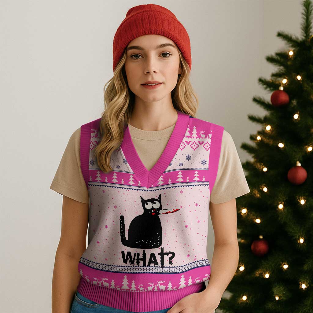 Funny Black Cat V-Neck Knit Sweater Vest What Kitten Murderous TS11 Hot Pink Print Your Wear