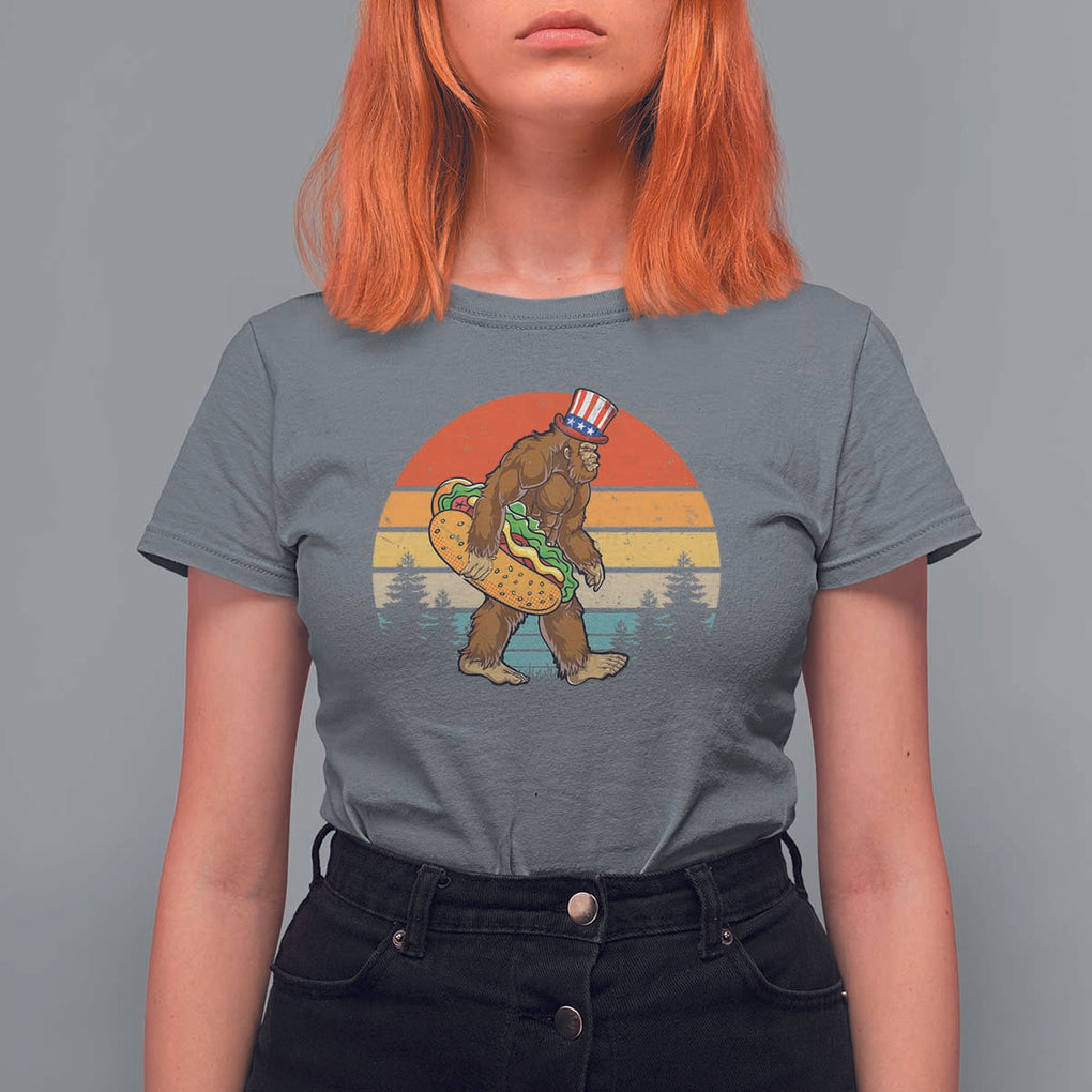 Funny Bigfoot T Shirt For Women Carrying Hot Dog 4th Of July TS11 Charcoal Print Your Wear