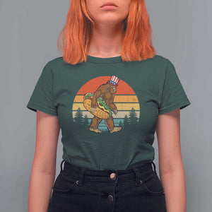 Funny Bigfoot T Shirt For Women Carrying Hot Dog 4th Of July TS11 Dark Forest Green Print Your Wear