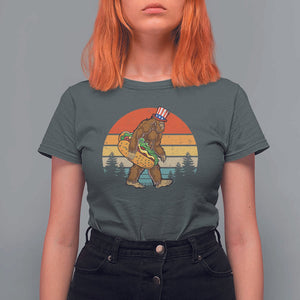 Funny Bigfoot T Shirt For Women Carrying Hot Dog 4th Of July TS11 Dark Heather Print Your Wear