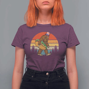 Funny Bigfoot T Shirt For Women Carrying Hot Dog 4th Of July TS11 Maroon Print Your Wear