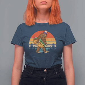 Funny Bigfoot T Shirt For Women Carrying Hot Dog 4th Of July TS11 Navy Print Your Wear
