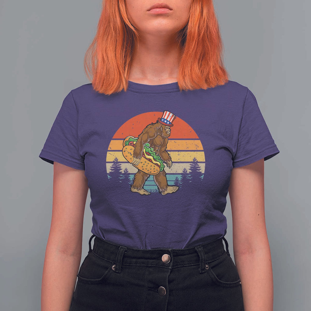 Funny Bigfoot T Shirt For Women Carrying Hot Dog 4th Of July TS11 Purple Print Your Wear