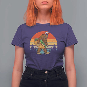Funny Bigfoot T Shirt For Women Carrying Hot Dog 4th Of July TS11 Purple Print Your Wear