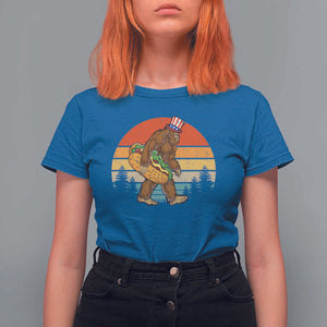 Funny Bigfoot T Shirt For Women Carrying Hot Dog 4th Of July TS11 Royal Blue Print Your Wear
