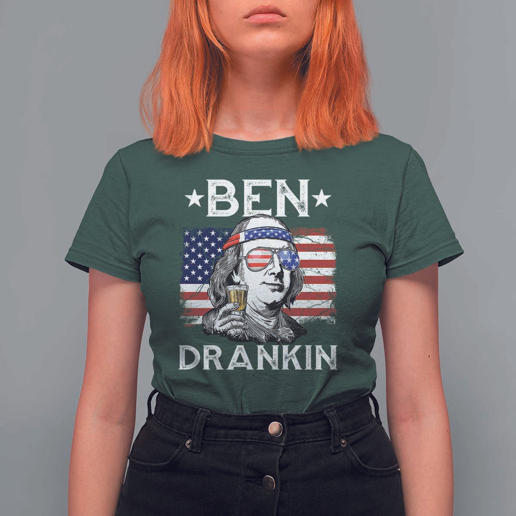 Funny 4th Of July Drinking T Shirt For Women Ben Drankin Beer Mug American Flag TS11 Dark Forest Green Print Your Wear