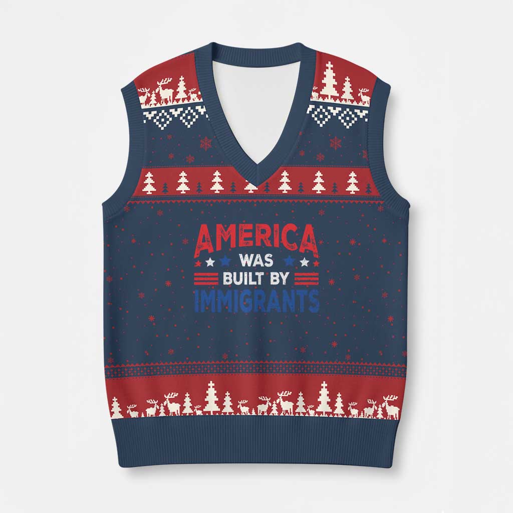 Funny America Was Built By Immigrants V-Neck Knit Sweater Vest Stars Stripes TS11 Navy Red Print Your Wear