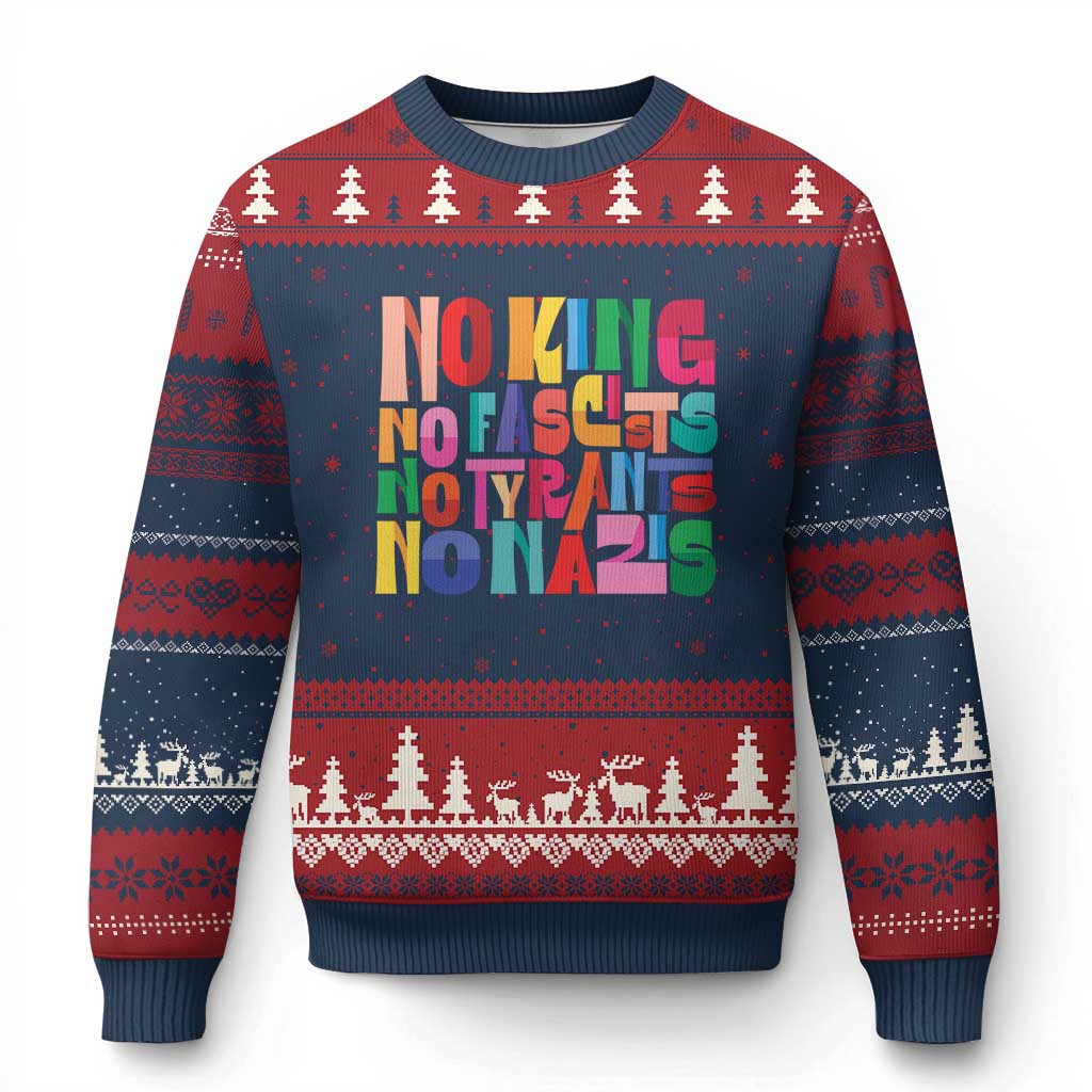Funny No King No Fascists No Tyrants No Nazis Ugly Christmas Sweater Colorful Geometric TS11 Navy Red Print Your Wear