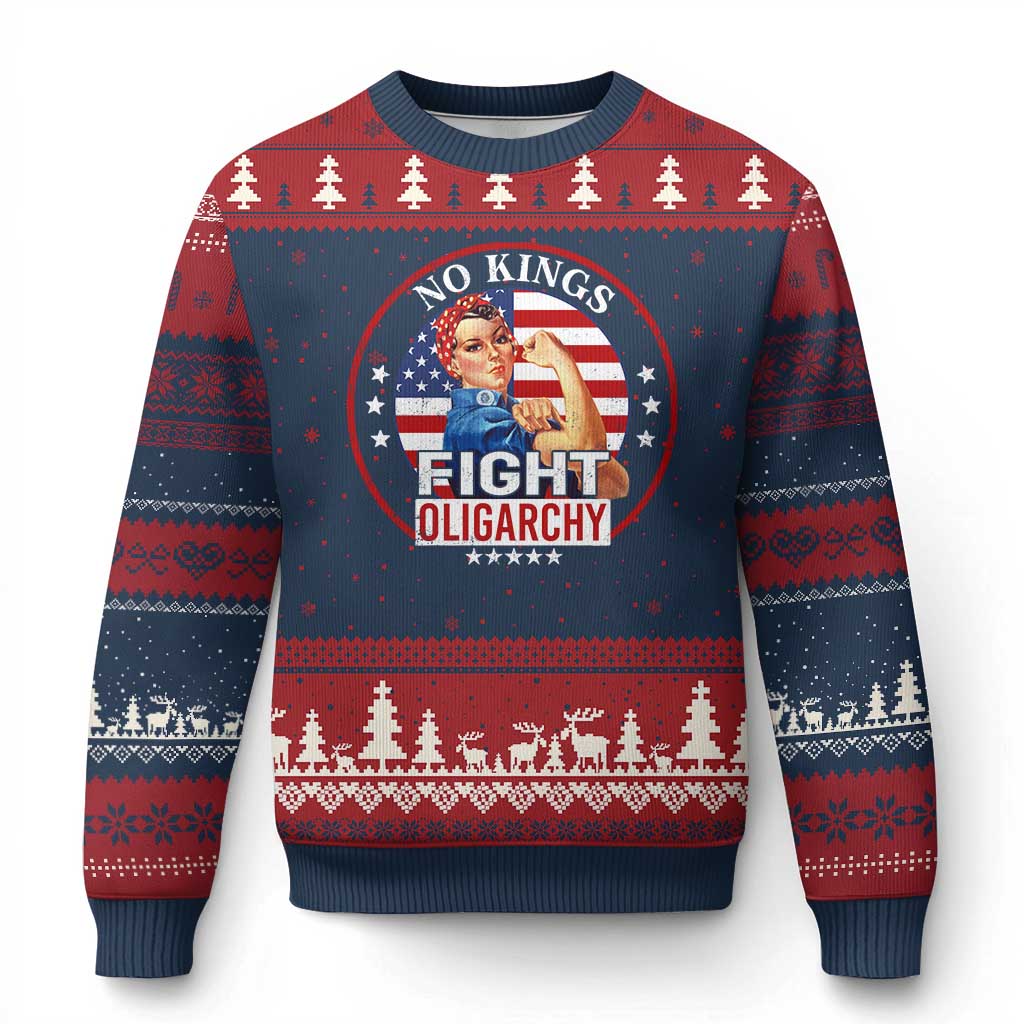 No Kings Fight Oligarchy Ugly Christmas Sweater Woman's Girl Vintage America Flag TS11 Navy Red Print Your Wear