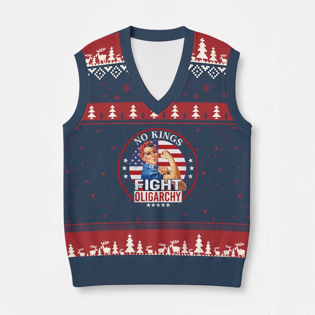 No Kings Fight Oligarchy V-Neck Knit Sweater Vest Woman's Girl Vintage America Flag TS11 Navy Red Print Your Wear