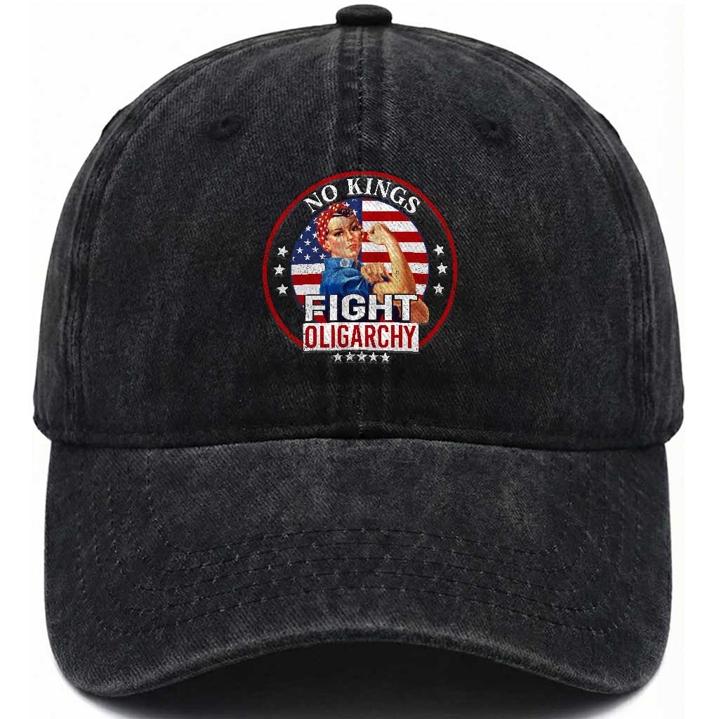 No Kings Fight Oligarchy Washed Cotton Baseball Cap Woman's Girl Vintage America Flag TS11 Print Your Wear