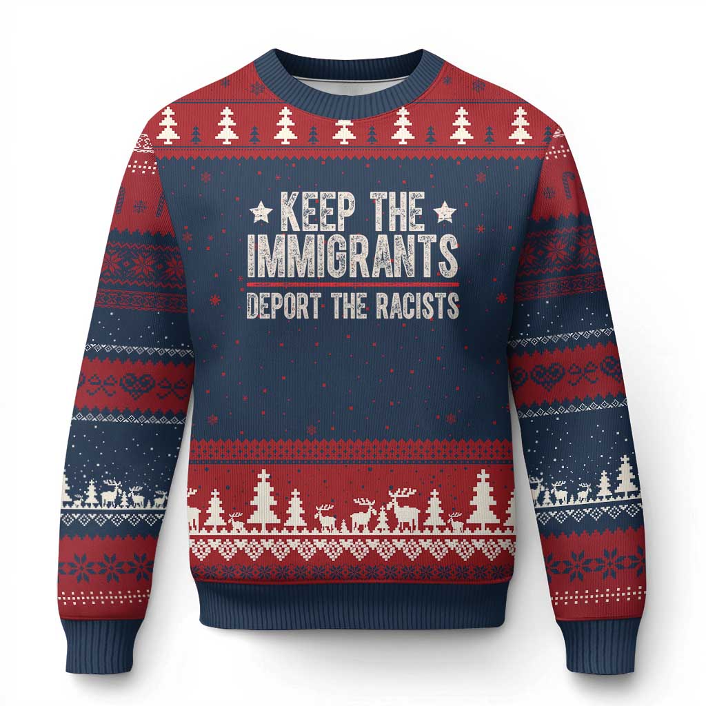 Keep The Immigrants Deport The Racists Ugly Christmas Sweater Vintage Star TS11 Navy Red Print Your Wear