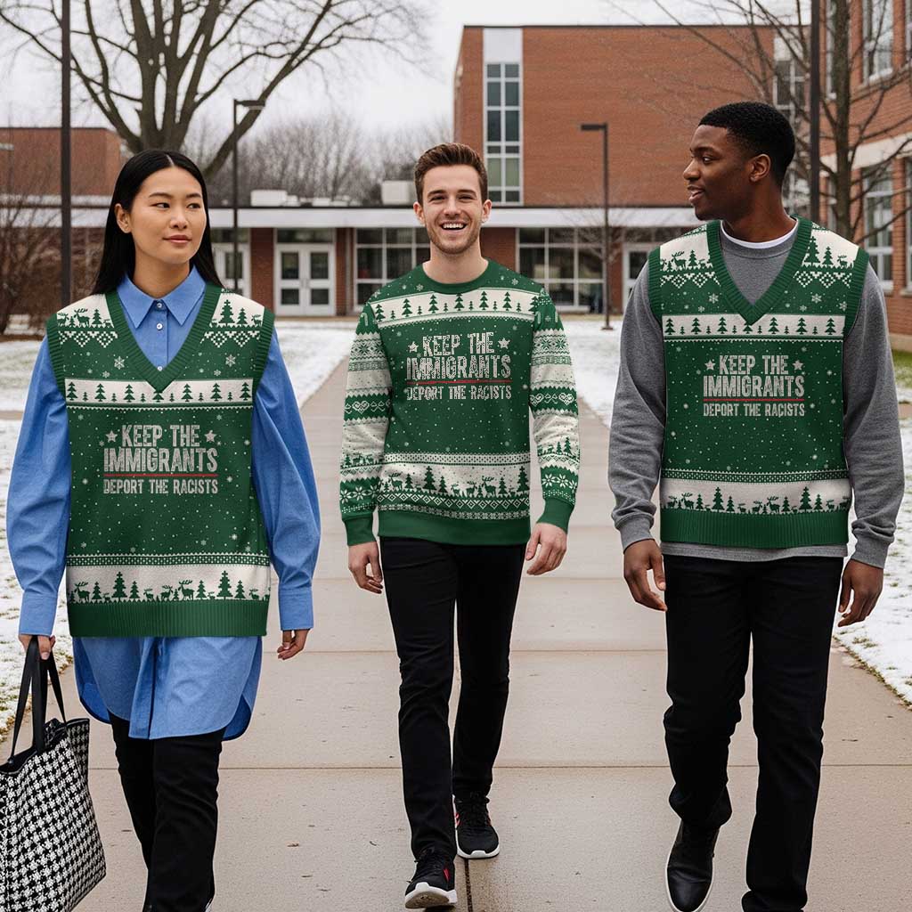Keep The Immigrants Deport The Racists V-Neck Knit Sweater Vest Vintage Star TS11 Forest Green Beige Print Your Wear
