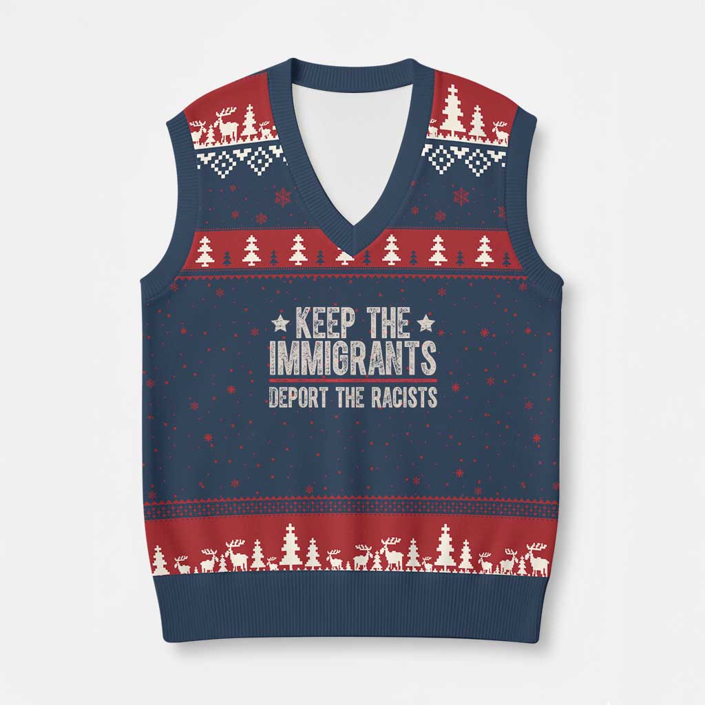 Keep The Immigrants Deport The Racists V-Neck Knit Sweater Vest Vintage Star TS11 Navy Red Print Your Wear