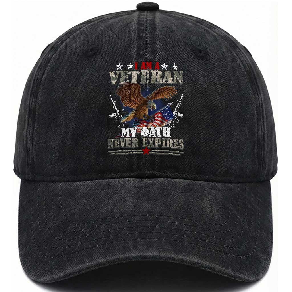 I Am A Veteran My Oath Never Expires Washed Cotton Baseball Cap Veteran Day Eagle American Flag TS11 Washed Cap Universal Fit Black Print Your Wear