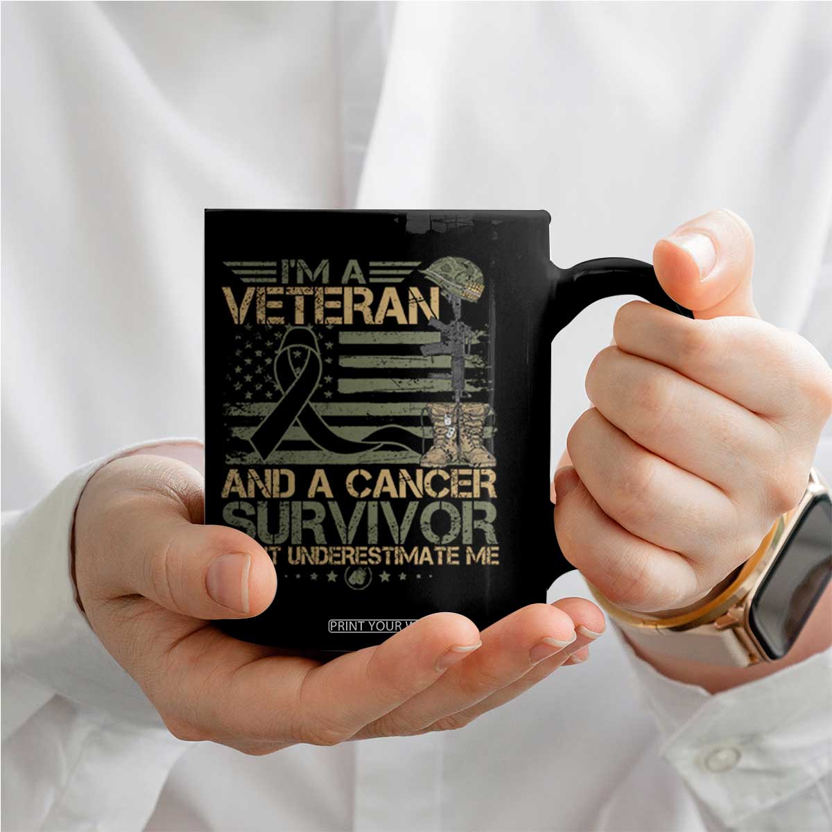 I Am A Veteran And A Cancer Survivor Don't Underestimate Me Coffee Mug Vintage Camo American Flag TS11 Print Your Wear