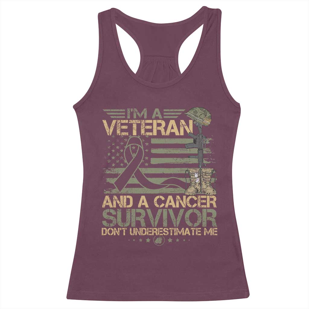 I Am A Veteran And A Cancer Survivor Don't Underestimate Me Racerback Tank Top Vintage Camo American Flag TS11 Maroon Print Your Wear
