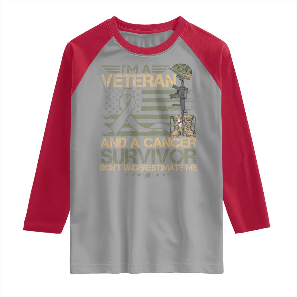 I Am A Veteran And A Cancer Survivor Don't Underestimate Me Raglan Shirt Vintage Camo American Flag TS11 Sport Gray Red Print Your Wear