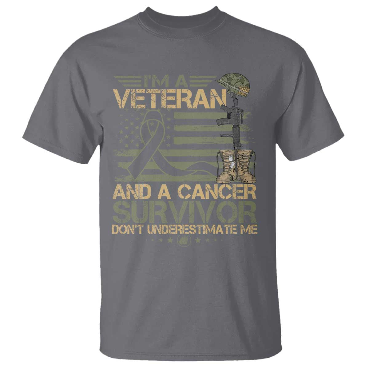 I Am A Veteran And A Cancer Survivor Don't Underestimate Me T Shirt Vintage Camo American Flag TS11 Charcoal Print Your Wear
