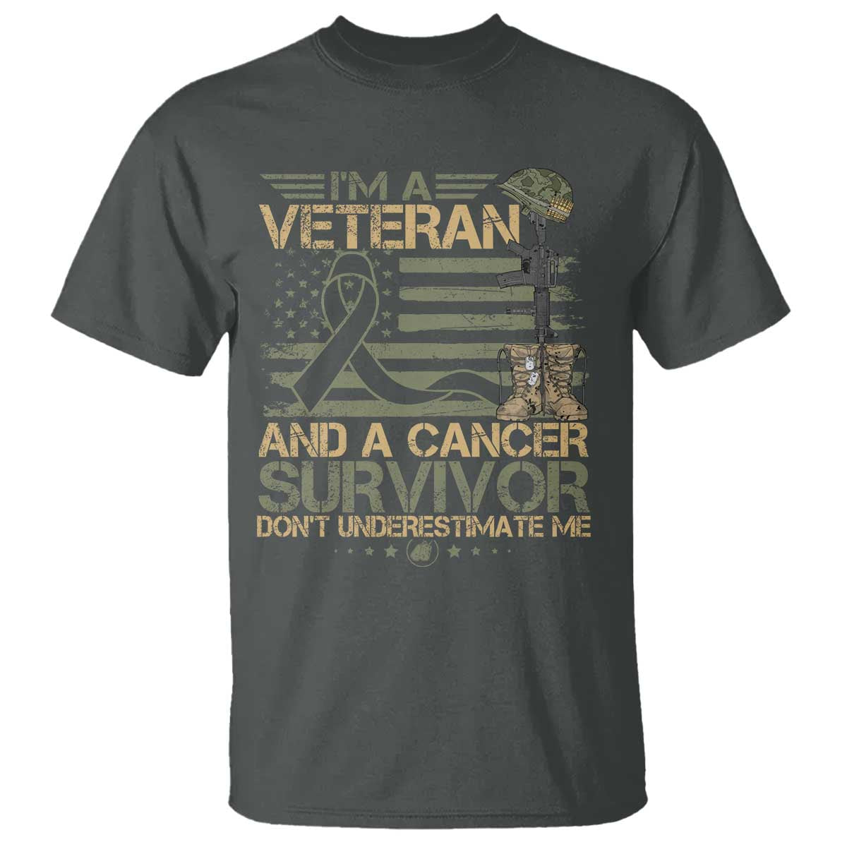 I Am A Veteran And A Cancer Survivor T Shirt - Don't Underestimate Me Vintage Camo American Flag TS11 Dark Heather Print Your Wear