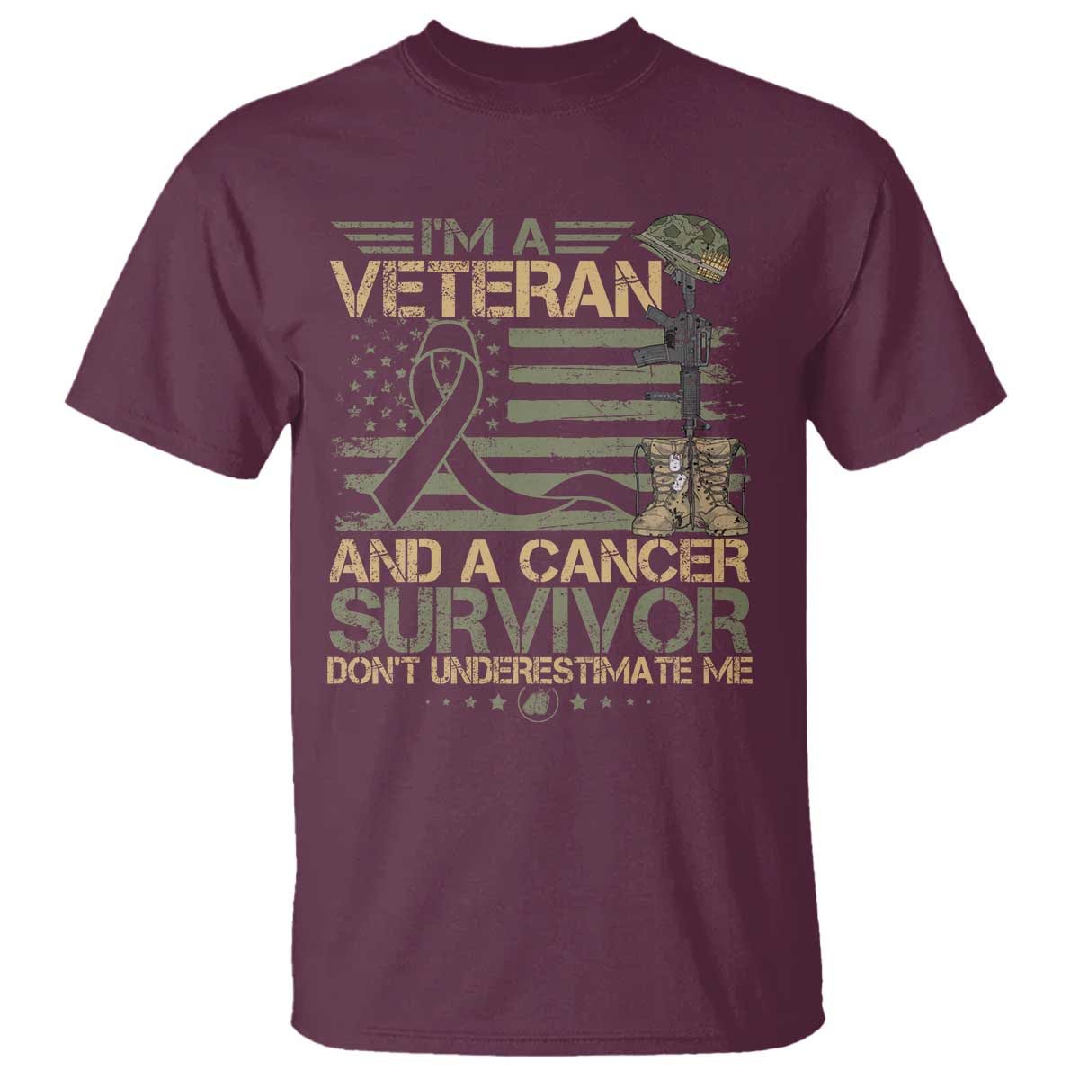 I Am A Veteran And A Cancer Survivor T Shirt - Don't Underestimate Me Vintage Camo American Flag TS11 Maroon Print Your Wear