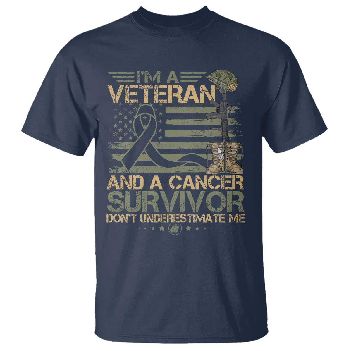 I Am A Veteran And A Cancer Survivor T Shirt - Don't Underestimate Me Vintage Camo American Flag TS11 Navy Print Your Wear