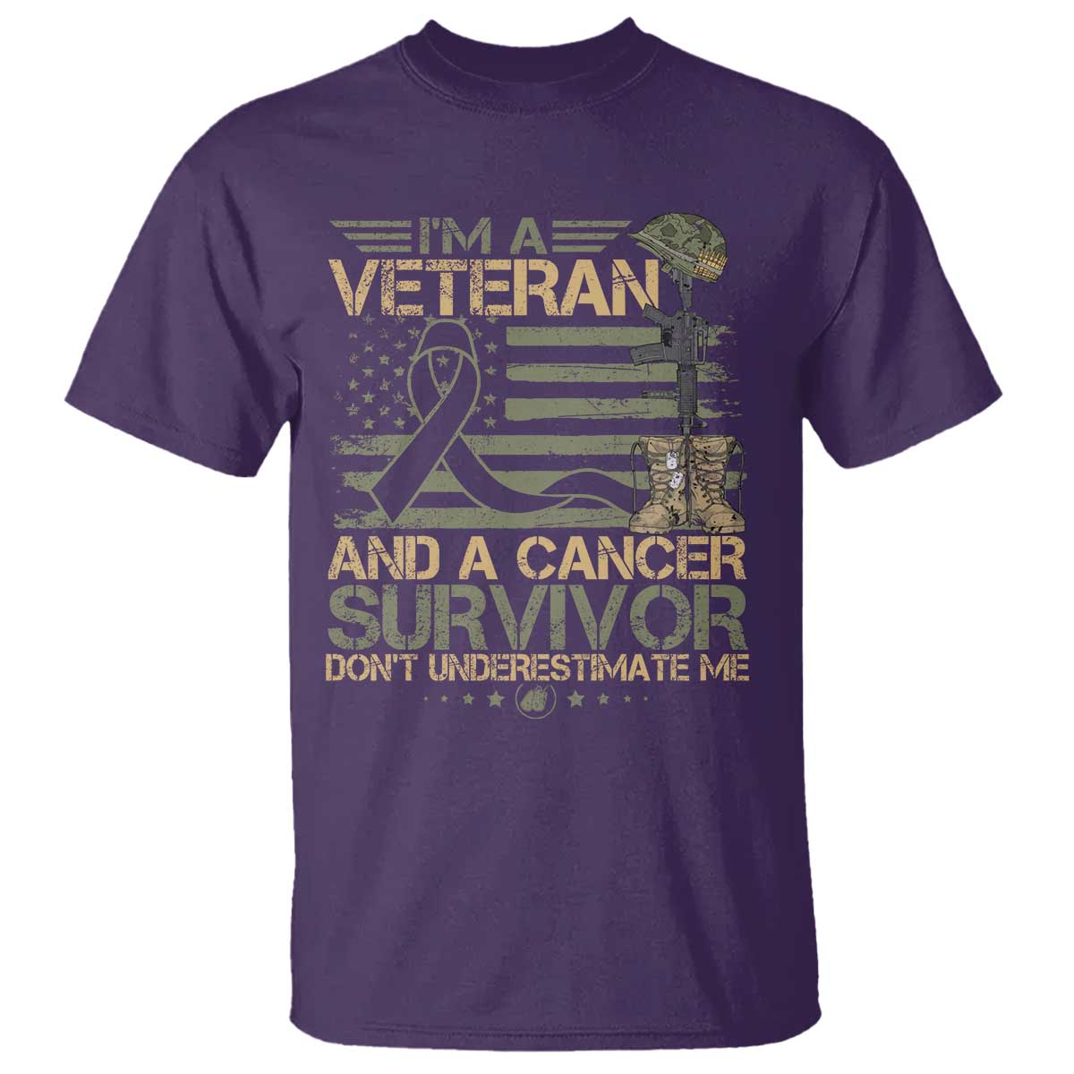 I Am A Veteran And A Cancer Survivor T Shirt - Don't Underestimate Me Vintage Camo American Flag TS11 Purple Print Your Wear