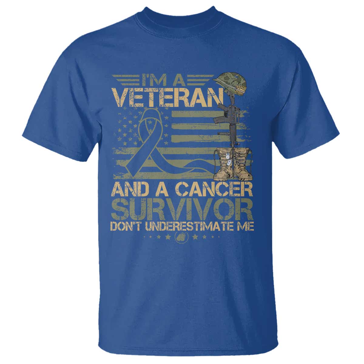 I Am A Veteran And A Cancer Survivor T Shirt - Don't Underestimate Me Vintage Camo American Flag TS11 Royal Blue Print Your Wear