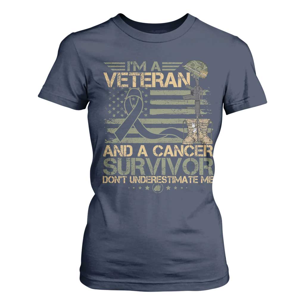 I Am A Veteran And A Cancer Survivor Don't Underestimate Me T Shirt For Women Vintage Camo American Flag TS11 Navy Print Your Wear