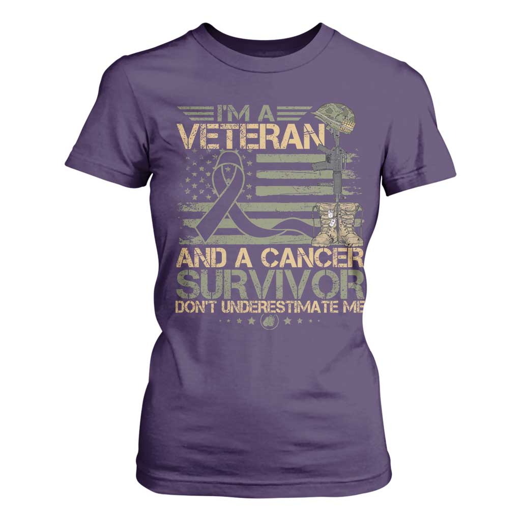 I Am A Veteran And A Cancer Survivor Don't Underestimate Me T Shirt For Women Vintage Camo American Flag TS11 Purple Print Your Wear