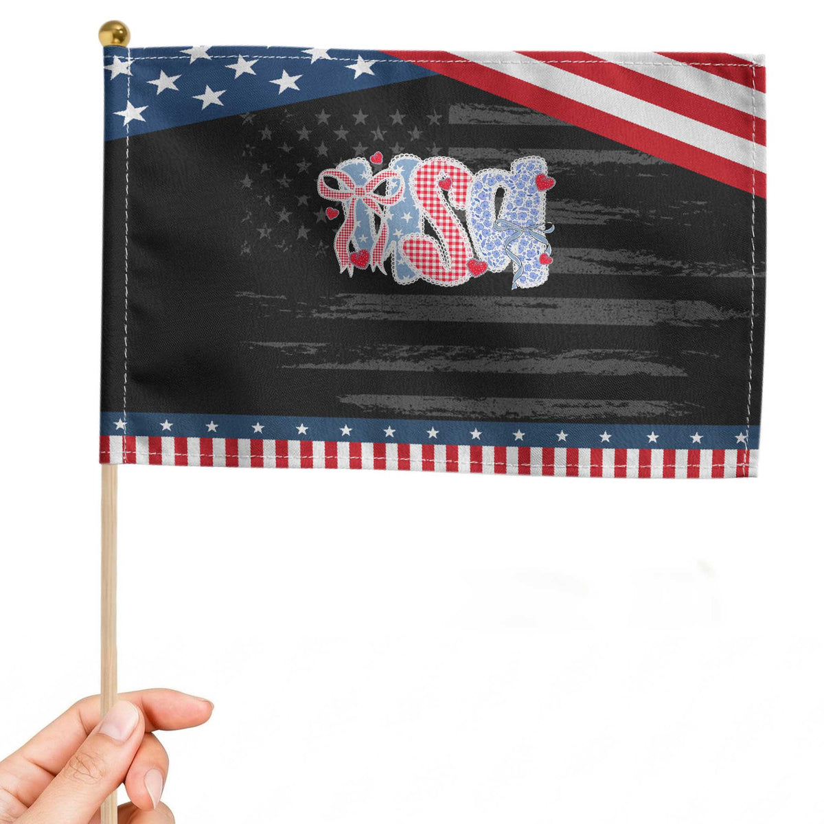 Funny USA Patriotic 4th of July Coquette Bow Patriotic Handheld Flag TS11 Distressed 8.2