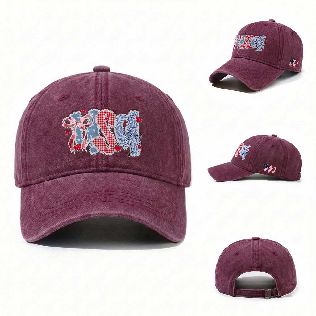 Funny USA Patriotic 4th of July Coquette Bow Washed Cotton Baseball Cap TS11 Washed Cap Universal Fit Burgundy Print Your Wear