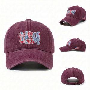Funny USA Patriotic 4th of July Coquette Bow Washed Cotton Baseball Cap TS11 Washed Cap Universal Fit Burgundy Print Your Wear