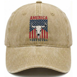 Funny 4th Of July Western Washed Cotton Baseball Cap America EST 1776 Long Horn Skull TS11 Washed Cap Universal Fit Khaki Print Your Wear