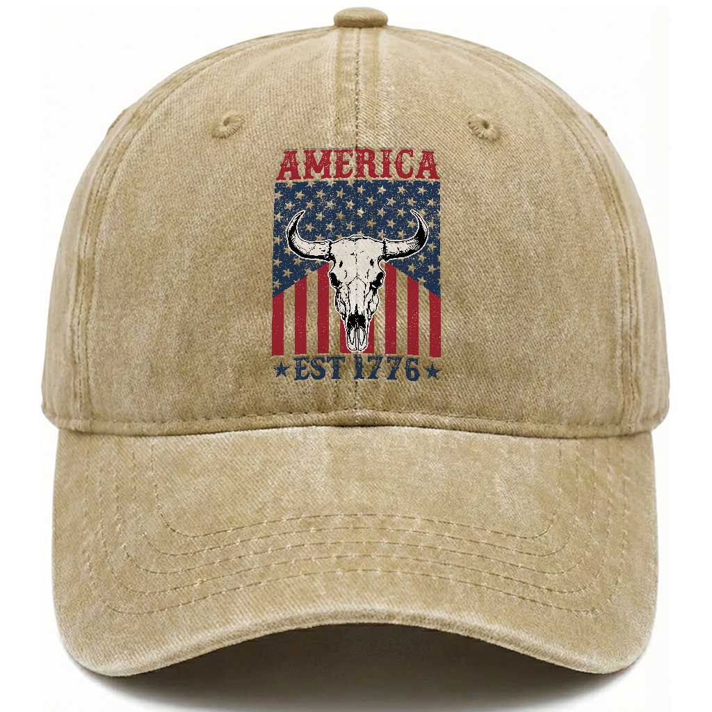 Funny 4th Of July Western Washed Cotton Baseball Cap America EST 1776 Long Horn Skull TS11 Washed Cap Universal Fit Khaki Print Your Wear