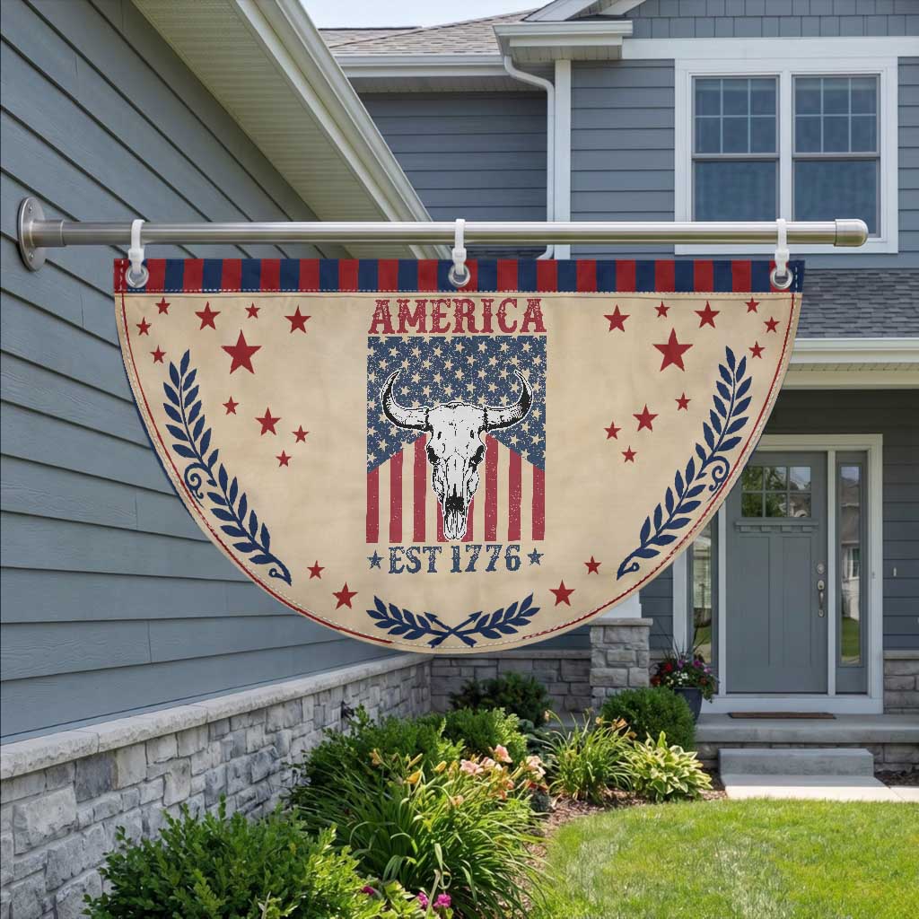 Funny 4th Of July Western Patriotic Fan Flag America EST 1776 Long Horn Skull