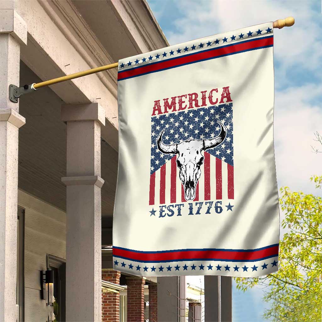 Funny 4th Of July Western Garden Flag America EST 1776 Long Horn Skull TS11 Modern Beige Red Print Your Wear