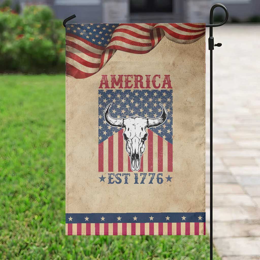 Funny 4th Of July Western Garden Flag America EST 1776 Long Horn Skull TS11 Vintage Rustic Tan Navy Print Your Wear