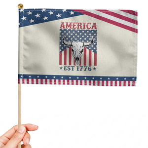 Funny 4th Of July Western Patriotic Handheld Flag America EST 1776 Long Horn Skull TS11 Modern 8.2" × 5.5" Beige Blue Print Your Wear