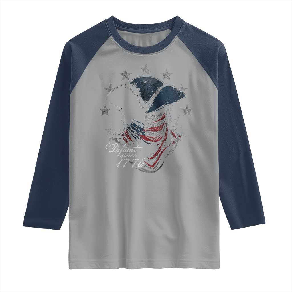 Funny Defiant Since 1776 Raglan Shirt Minutemen American Revolution TS11 Sport Gray Navy Print Your Wear