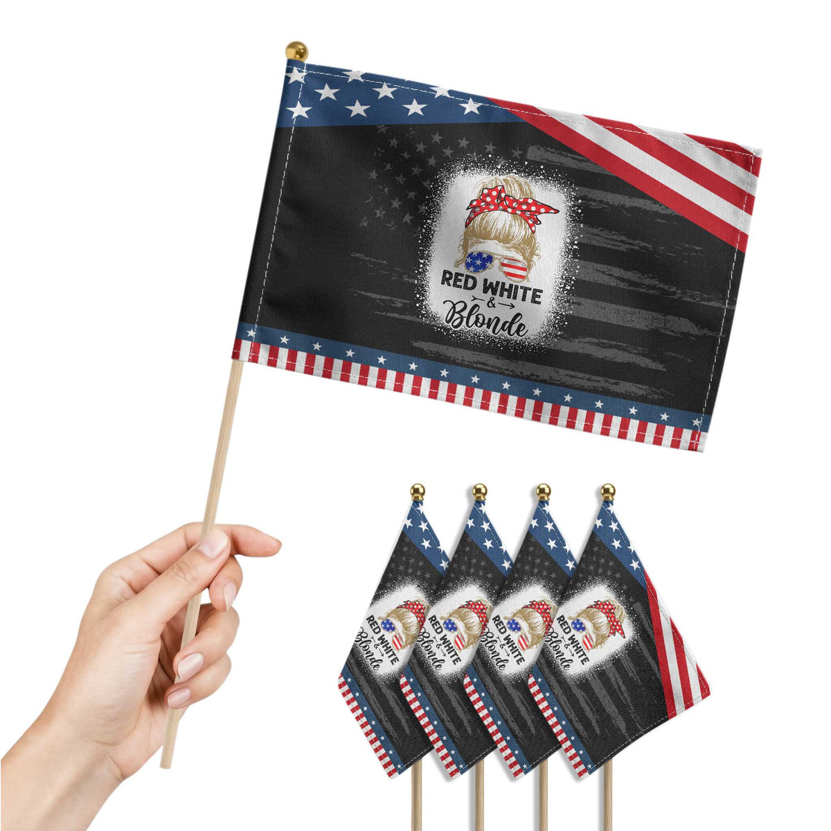 Funny 4th Of July Red White And Blonde Patriotic Handheld Flag Messy Bun Girl American Flag Sunglasses TS11 Print Your Wear