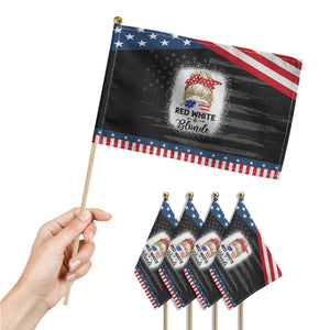 Funny 4th Of July Red White And Blonde Patriotic Handheld Flag Messy Bun Girl American Flag Sunglasses TS11 Print Your Wear