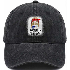 Funny 4th Of July Red White And Blonde Washed Cotton Baseball Cap Messy Bun Girl American Flag Sunglasses TS11 Washed Cap Universal Fit Black Print Your Wear